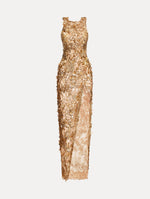 Gold Fern Embroidered Sleeveless Gown with Slit