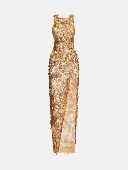 Gold Fern Embroidered Sleeveless Gown with Slit