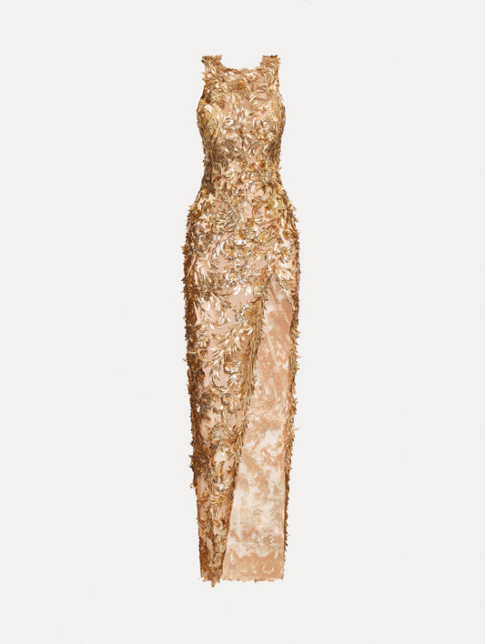 Gold Fern Embroidered Sleeveless Gown with Slit