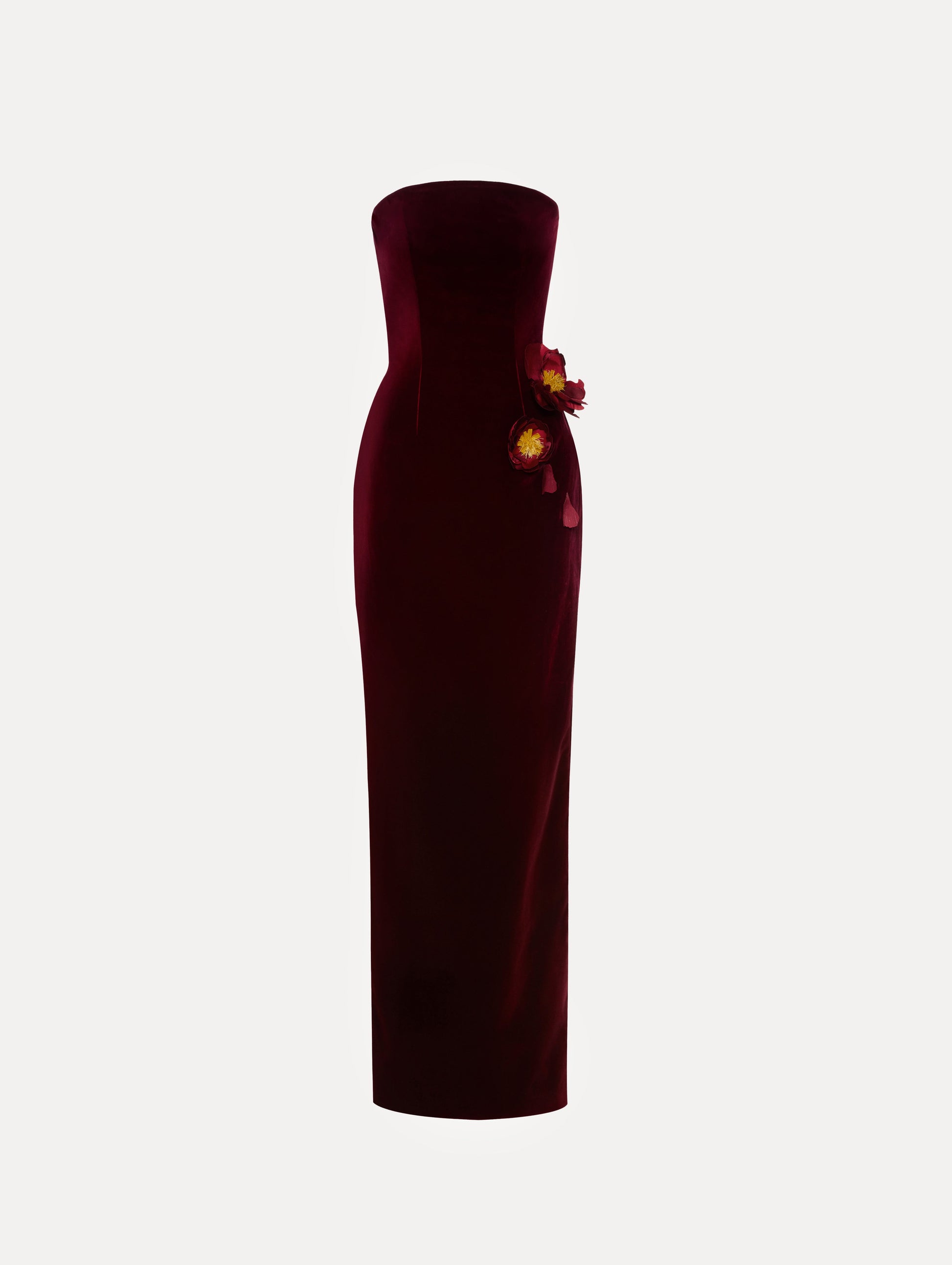 Peony Appliqué Velvet Gown Front View.