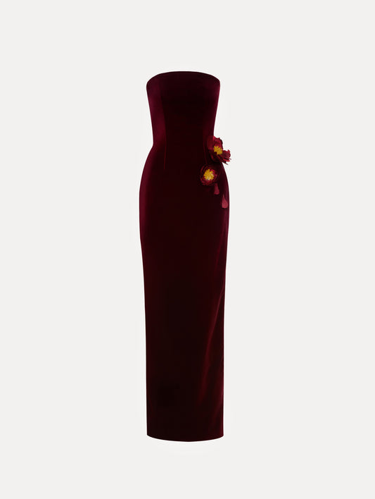 Peony Appliqué Velvet Gown Front View.