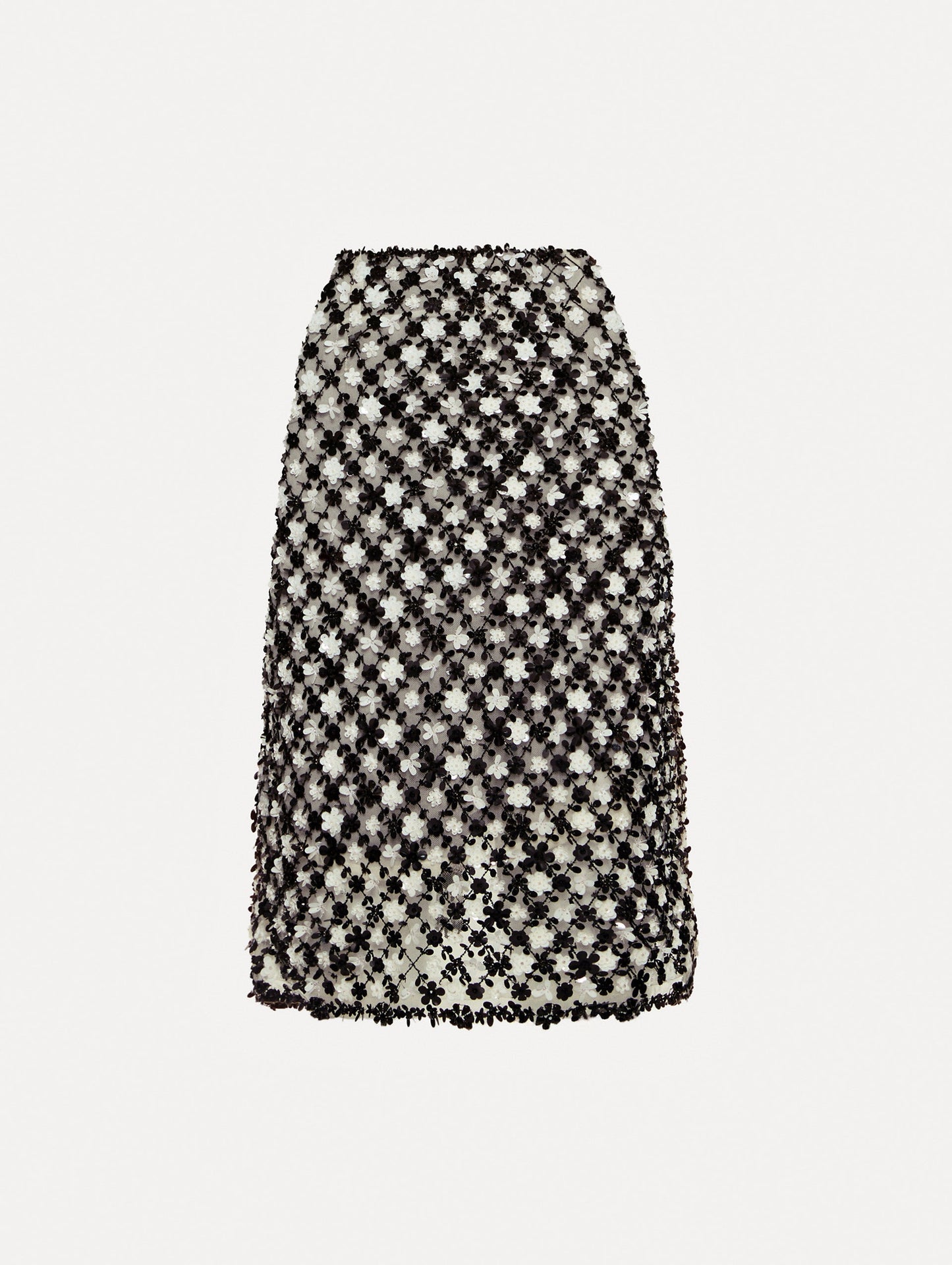 High waisted black and ivory floral embroidered pencil skirt that follows a tweed pattern.