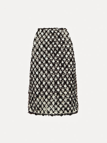 High waisted black and ivory floral embroidered pencil skirt that follows a tweed pattern.