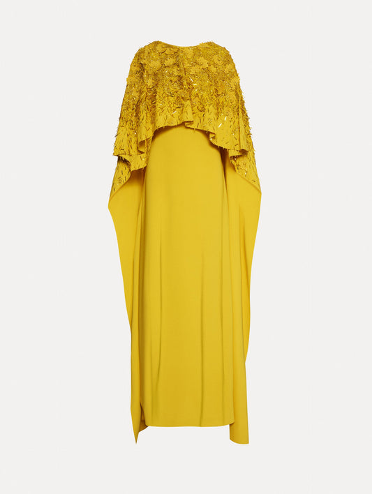 Yellow caftan with gold sequin and peony embroidery.