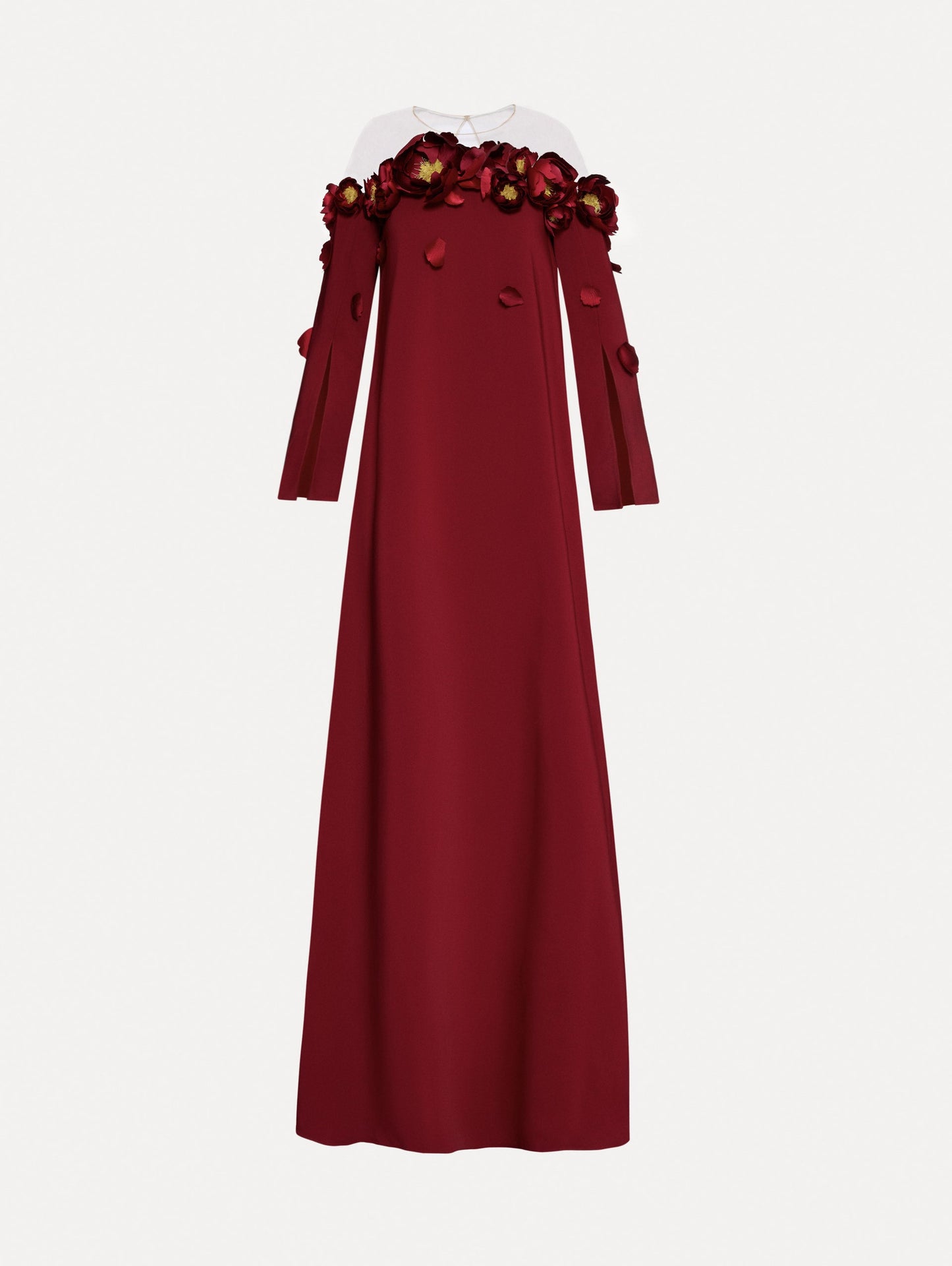 Red split sleeve caftan with peony appliqués.