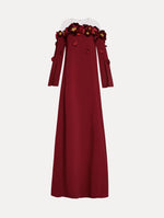 Red split sleeve caftan with peony appliqués.