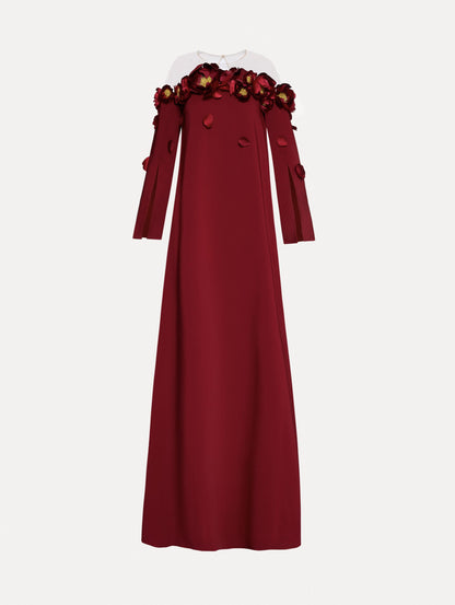 Red split sleeve caftan with peony appliqués.