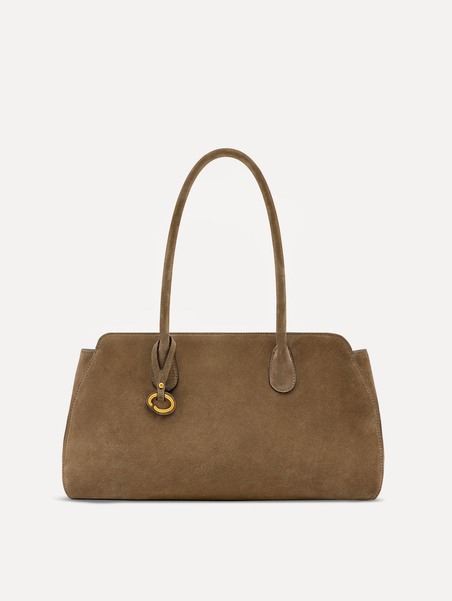 The Aster in taupe features decisive lines and gently curved sides that mimic the Oscar 'O.' Elongated top handles and gold hardware and an emblem-stamped tag.
