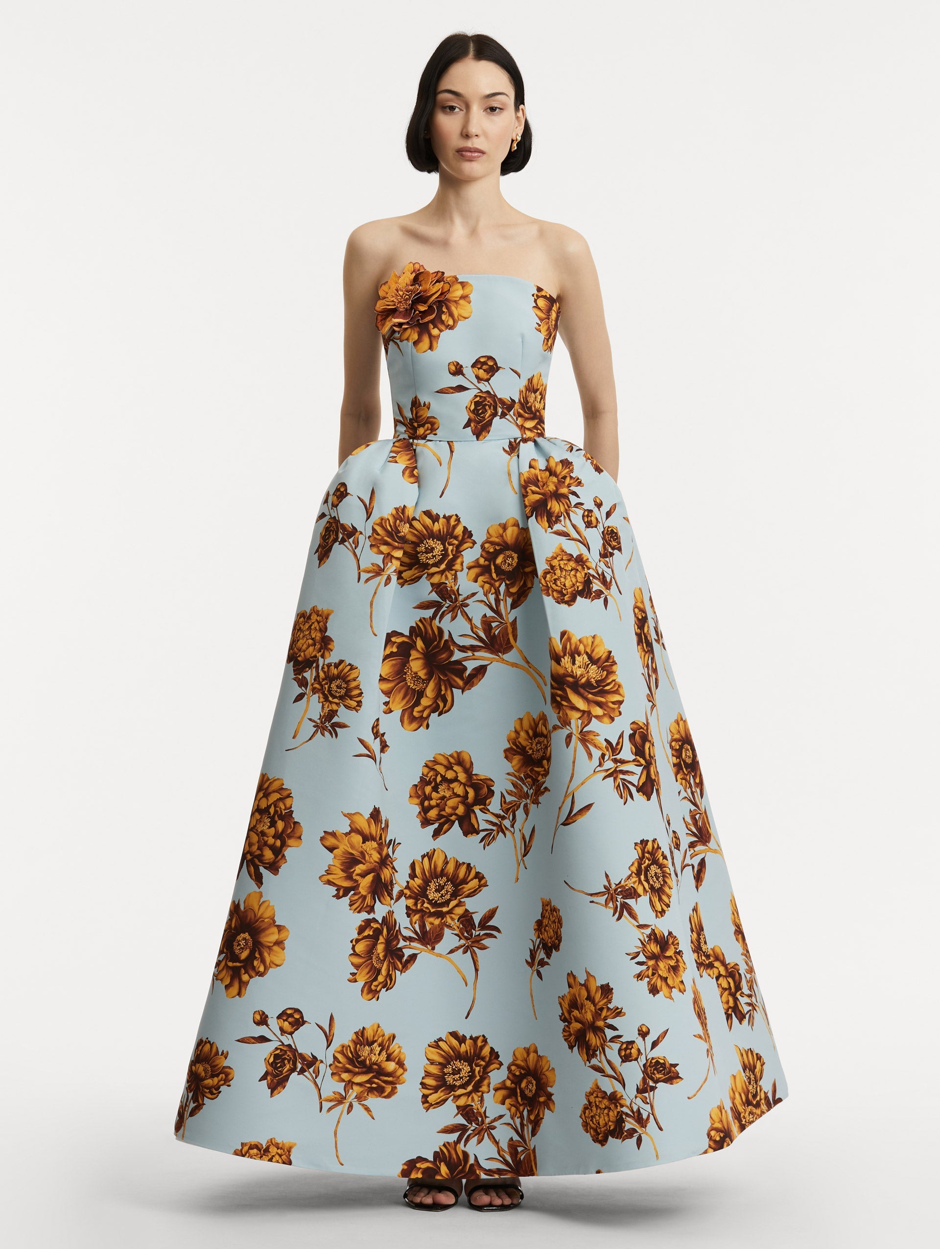 Peony Faille Gown with Shawl in a Brown and Blue Peony Print. Front View.
