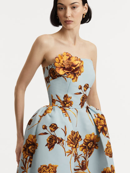 Peony Faille Gown with Shawl in a Brown and Blue Peony Print. Zoom View.