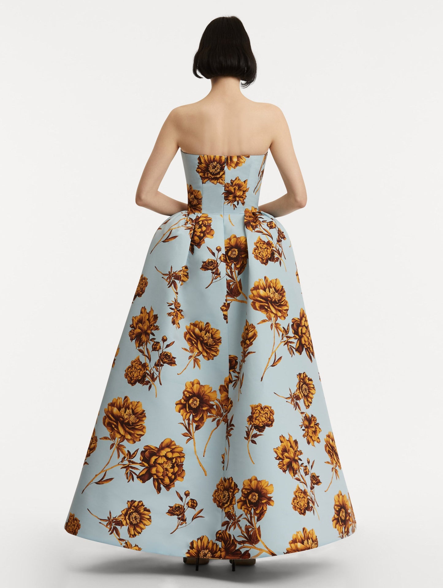 Peony Faille Gown with Shawl in a Brown and Blue Peony Print. Back View.