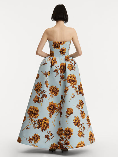 Peony Faille Gown with Shawl in a Brown and Blue Peony Print. Back View.