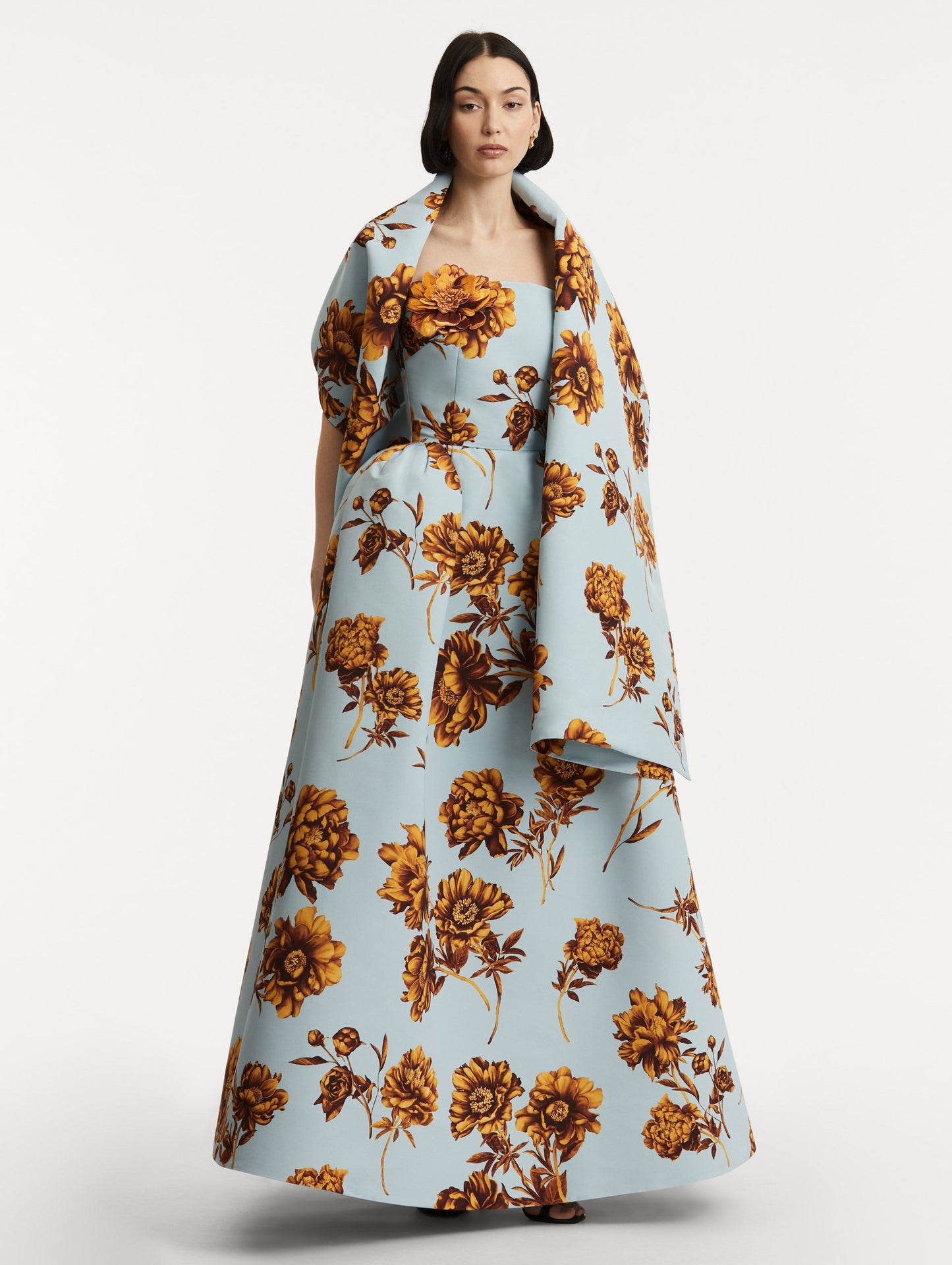 Peony Faille Gown with Shawl in a Brown and Blue Peony Print. Front View.
