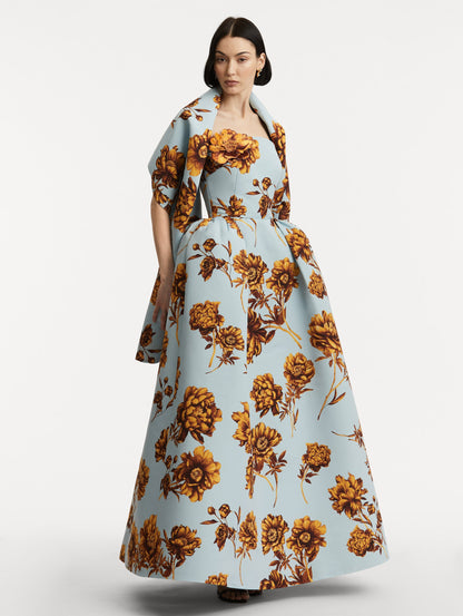 Peony Faille Gown with Shawl in a Brown and Blue Peony Print. Side View.