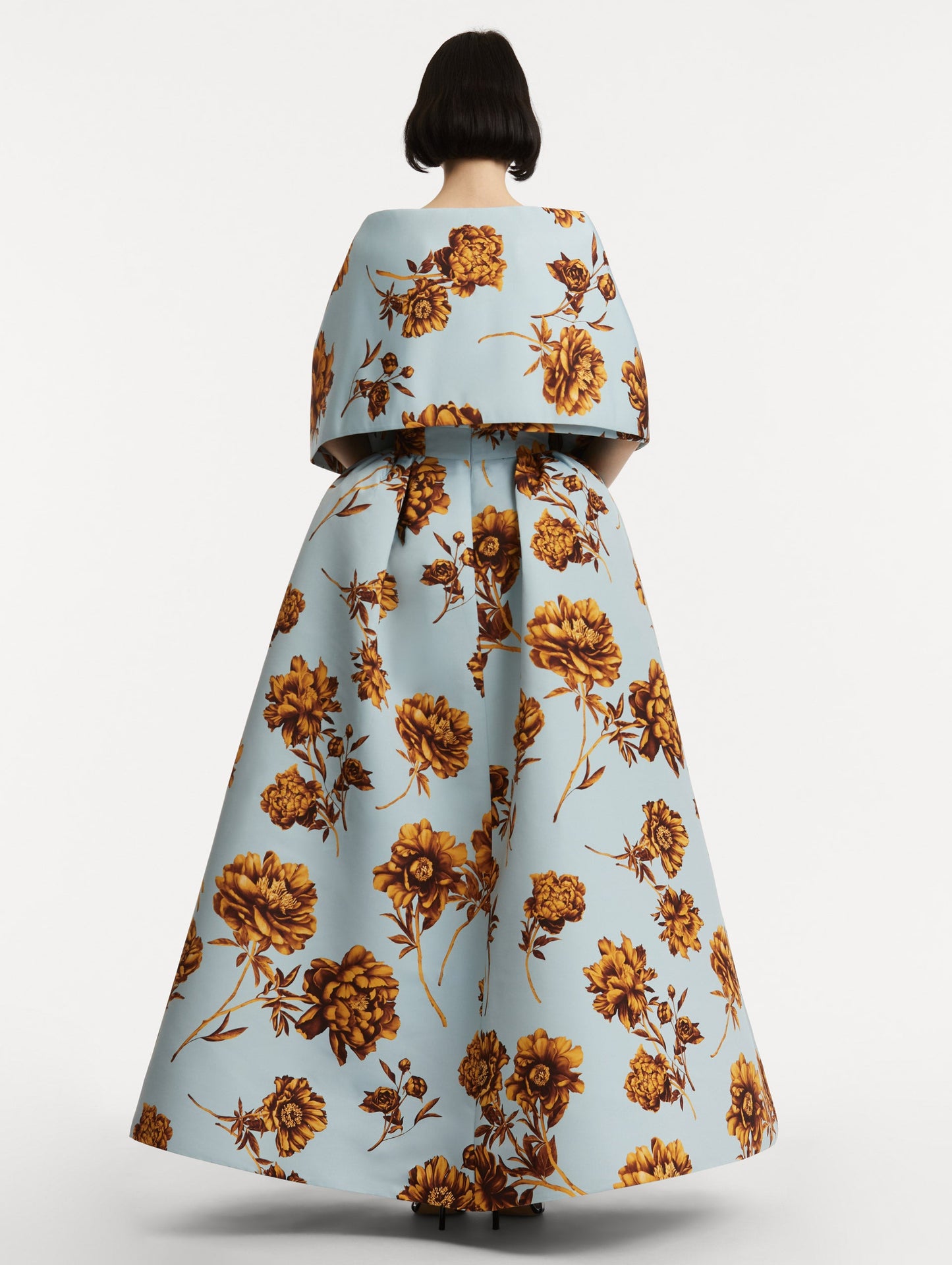 Peony Faille Gown with Shawl in a Brown and Blue Peony Print. Back View.