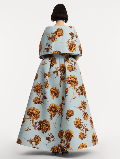 Peony Faille Gown with Shawl in a Brown and Blue Peony Print. Back View.