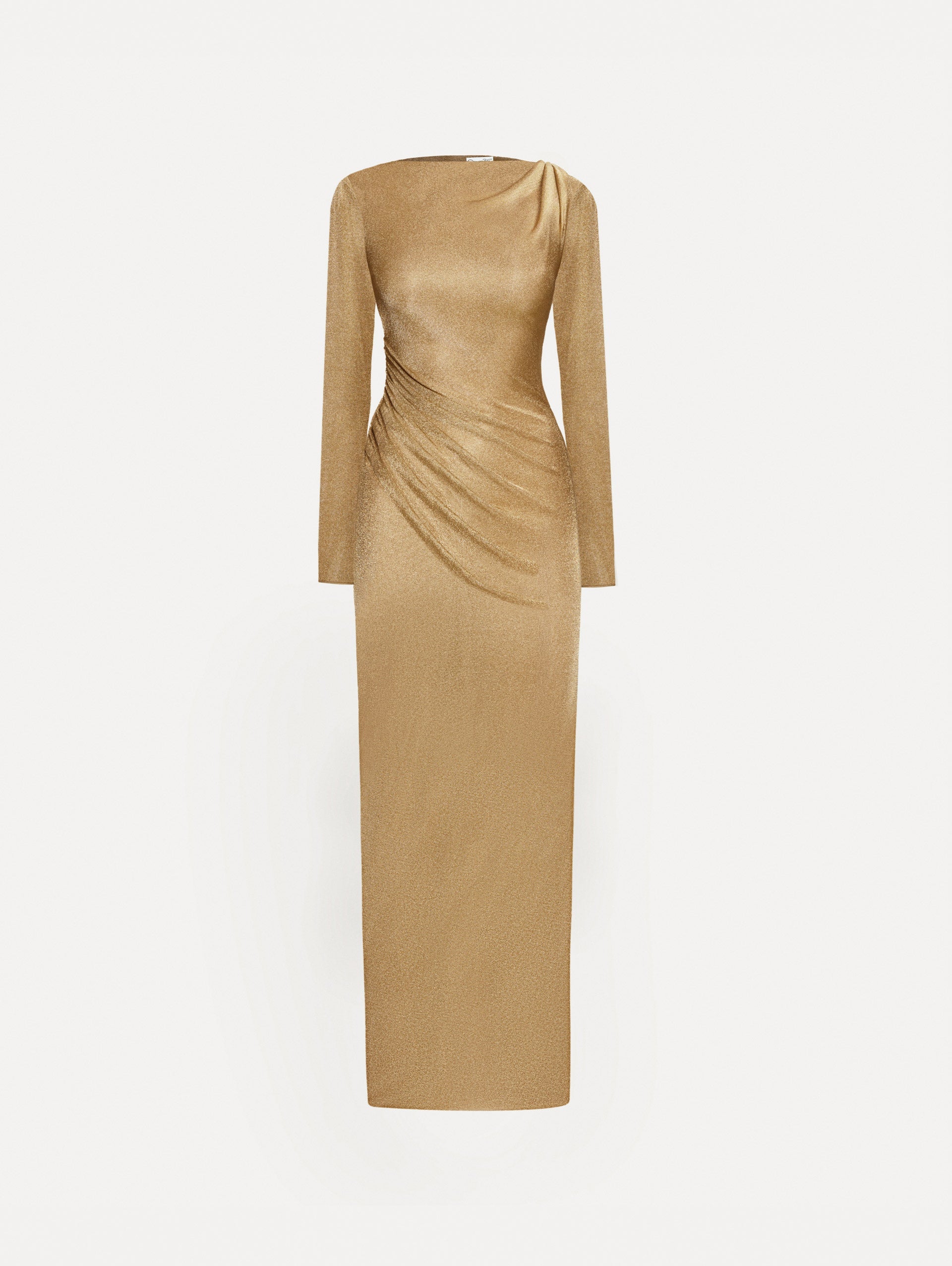 Gold metallic jersey gown with a high neckline and long sleeves with draping at the shoulder and waist.