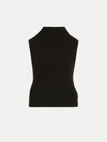 Black pullover with mock neckline and ribbed trim.