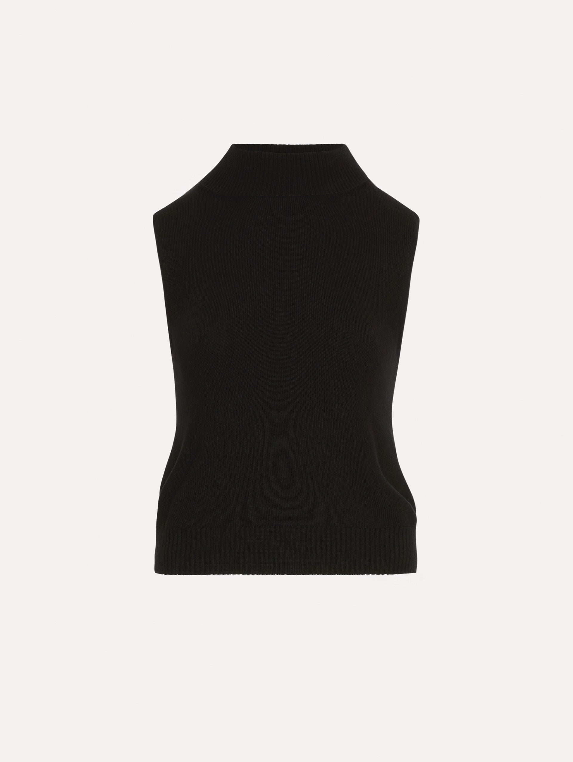 Black pullover with mock neckline and ribbed trim.