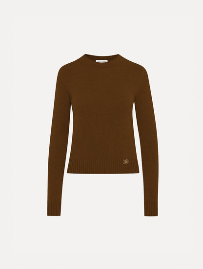 Brown pullover with long sleeves and a crew neckline. Features 'O' Flower emblem made of the interlocking Oscar 'O'