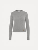 Light grey pullover with long sleeves and a crew neckline. Features gold 'O' Flower emblem made of the interlocking Oscar 'O'.