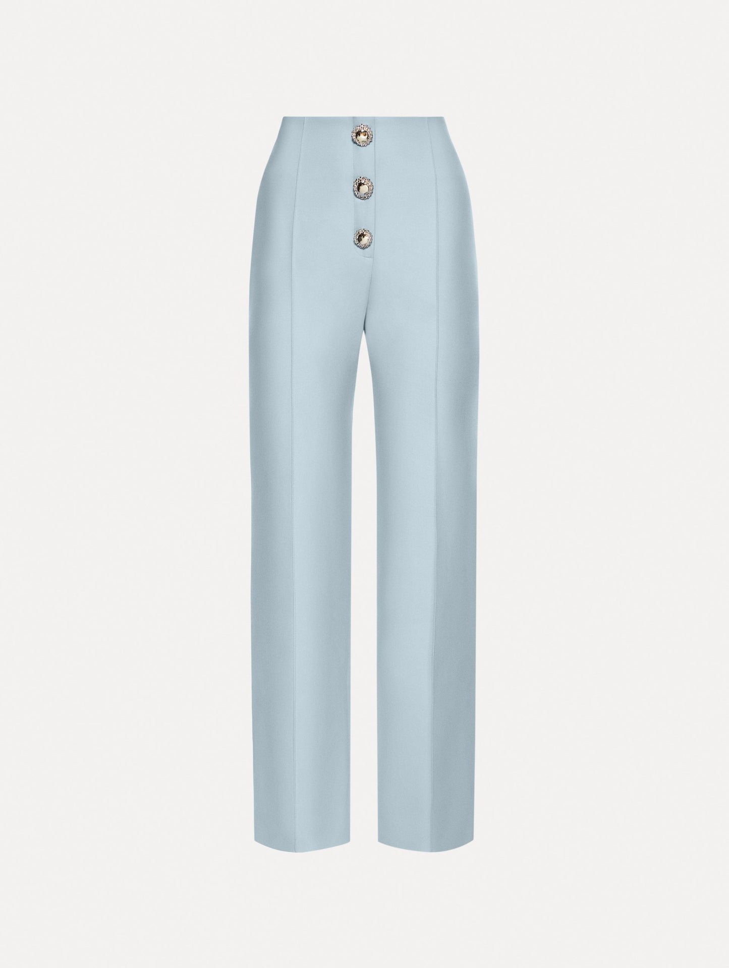 Button-Detailed Wool Pant in Soft Blue/ Silver. Front View.