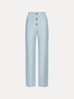 Button-Detailed Wool Pant in Soft Blue/ Silver. Front View.