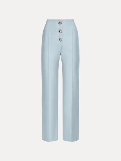 Button-Detailed Wool Pant in Soft Blue/ Silver. Front View.