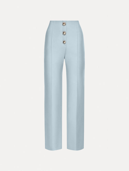 Button-Detailed Wool Pant in Soft Blue/ Silver. Front View.