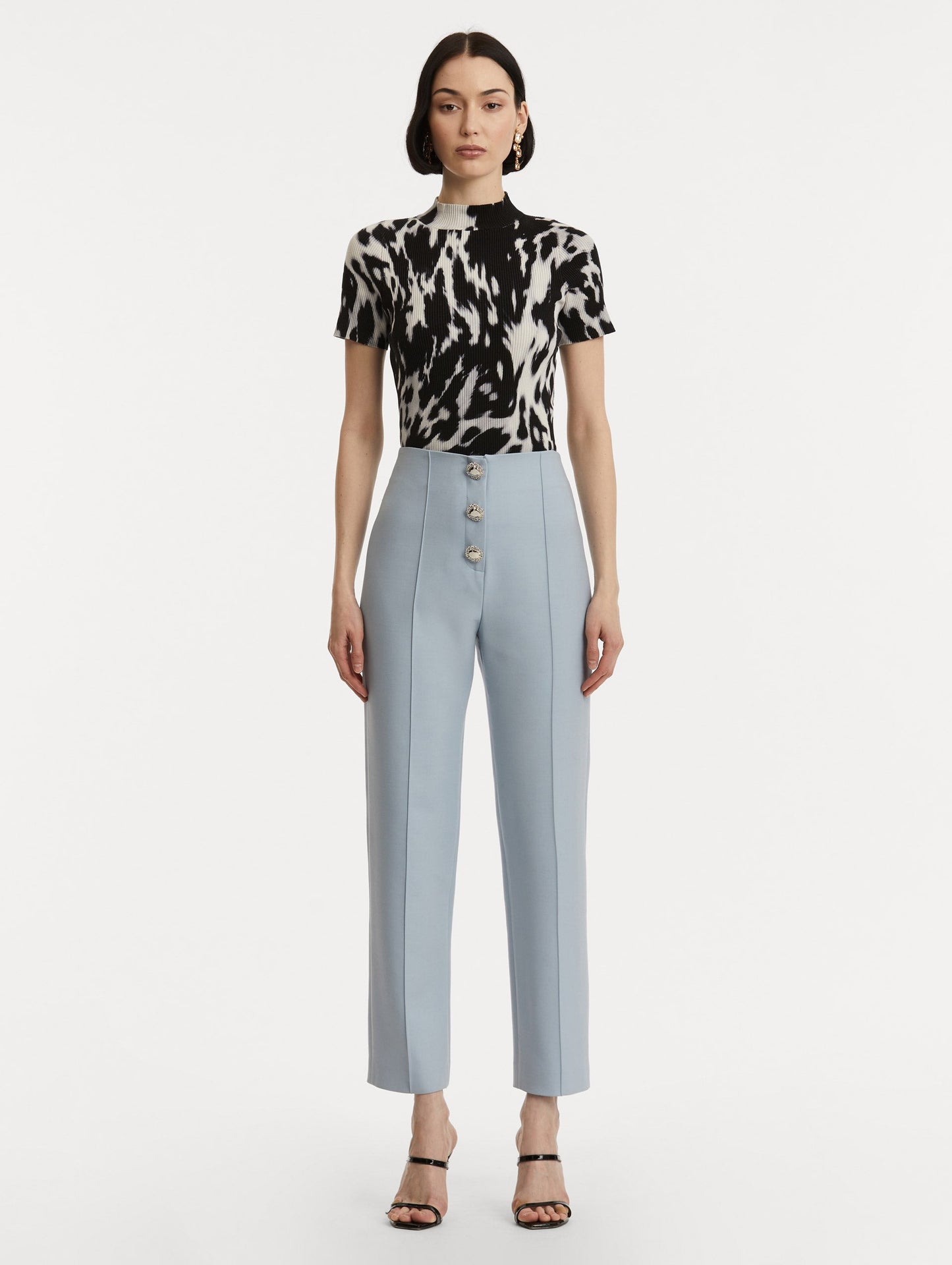 Button-Detailed Wool Pant in Soft Blue/ Silver. Front View.