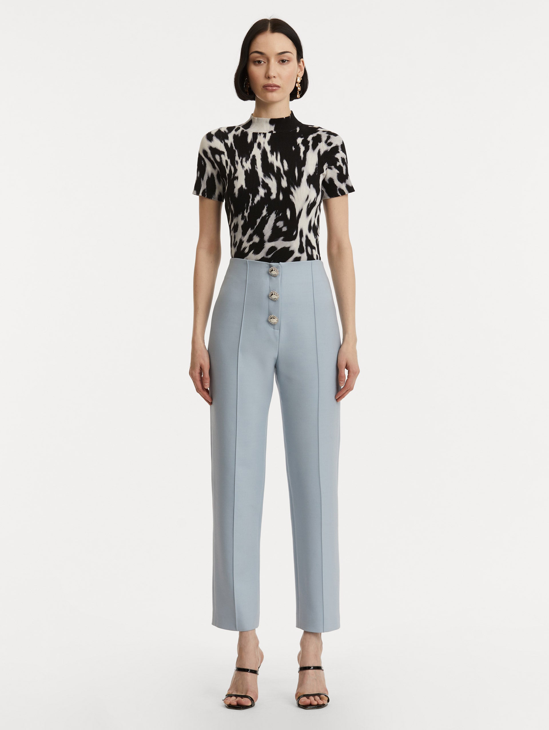 Button-Detailed Wool Pant in Soft Blue/ Silver. Front View.
