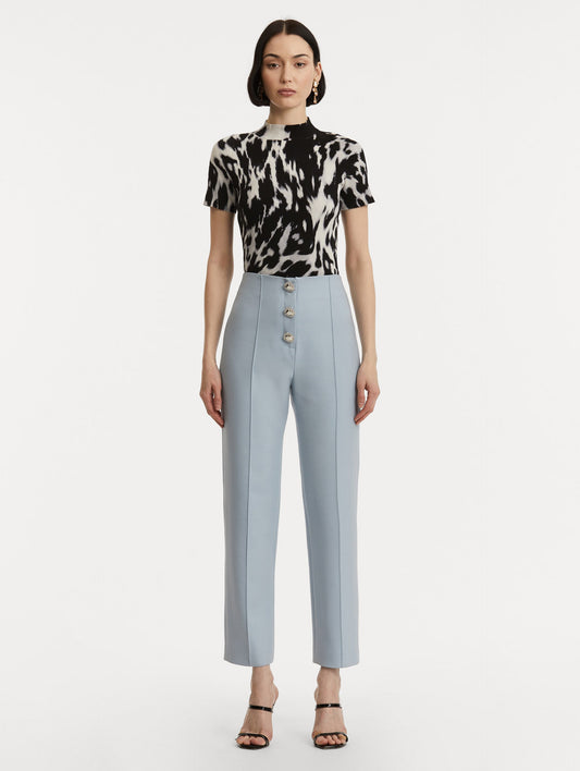 Button-Detailed Wool Pant in Soft Blue/ Silver. Front View.