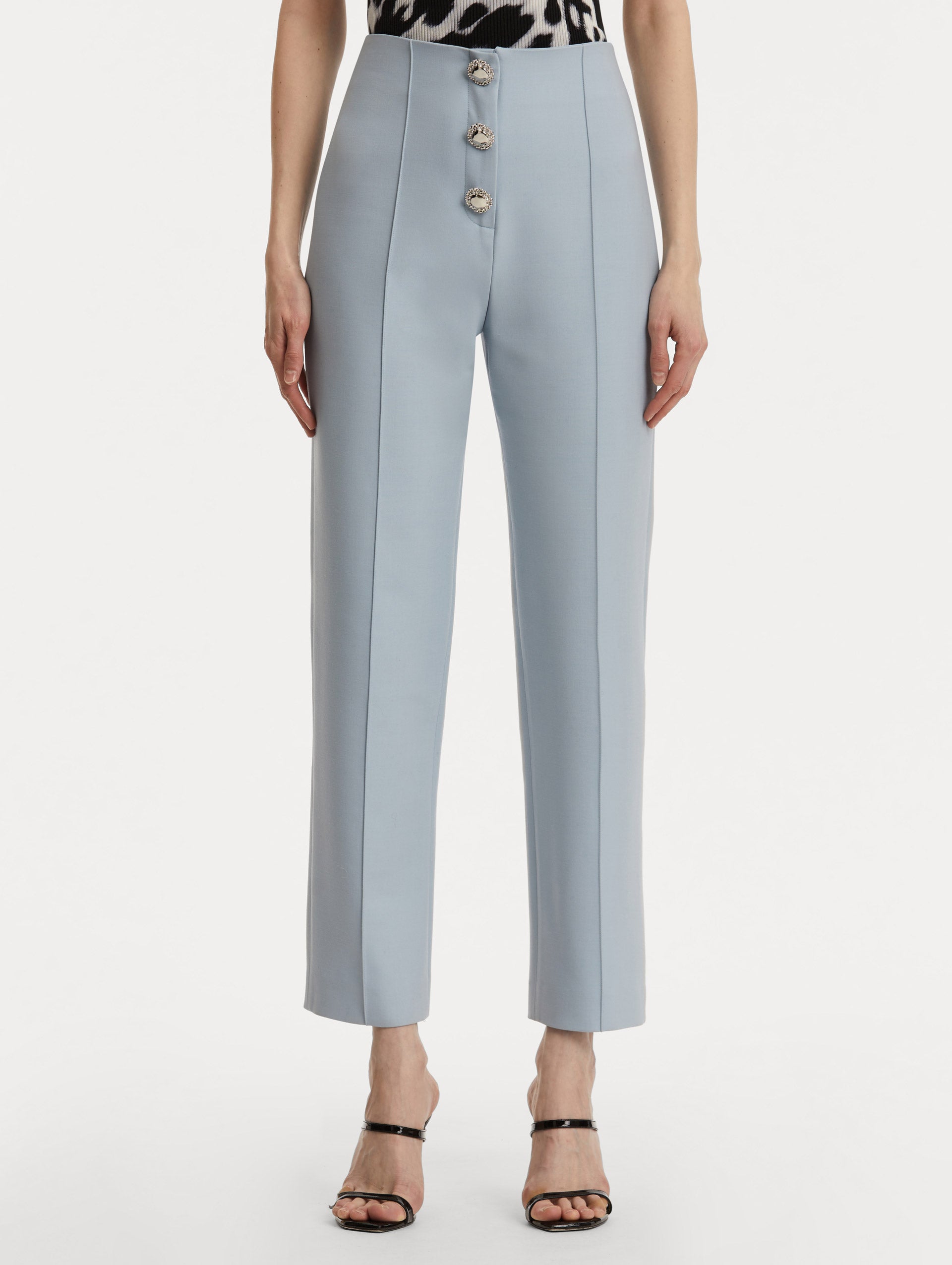 Button-Detailed Wool Pant in Soft Blue/ Silver. Front View.