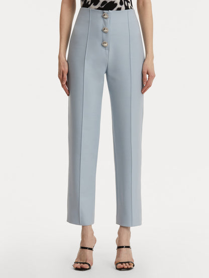 Button-Detailed Wool Pant in Soft Blue/ Silver. Front View.