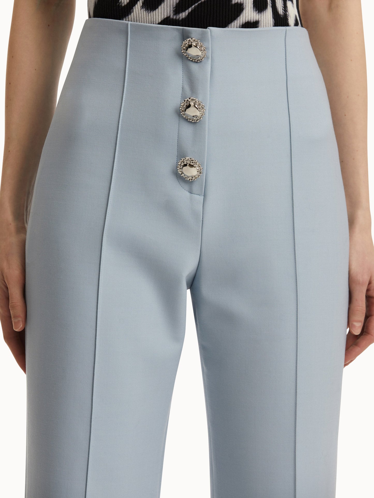 Button-Detailed Wool Pant in Soft Blue/ Silver. Zoom View.