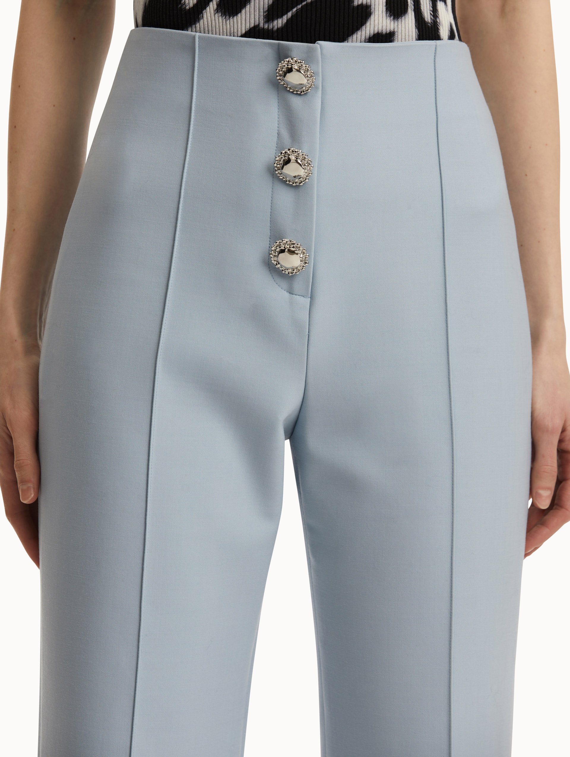 Button-Detailed Wool Pant in Soft Blue/ Silver. Zoom View.