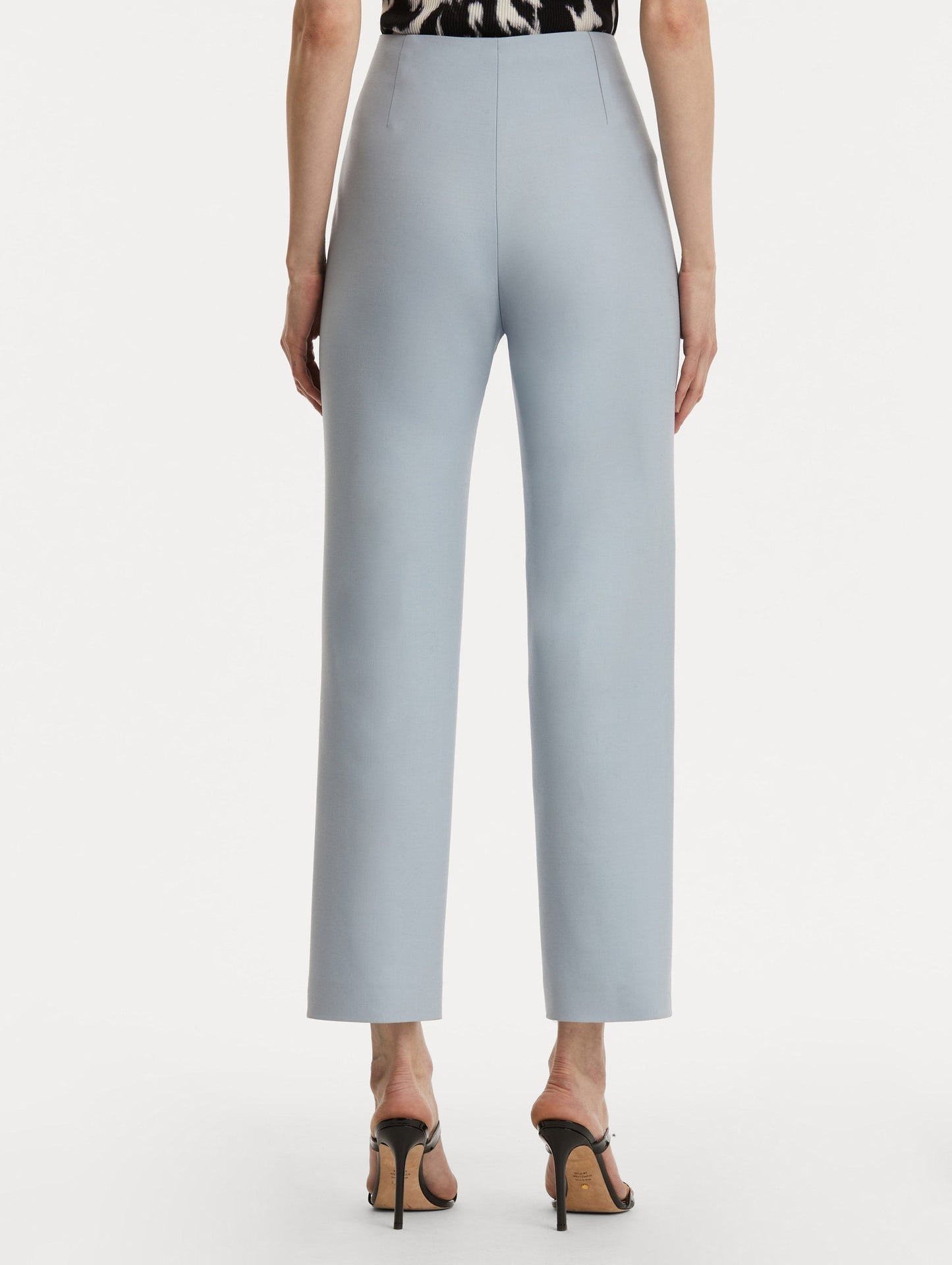 Button-Detailed Wool Pant in Soft Blue/ Silver. Back View.
