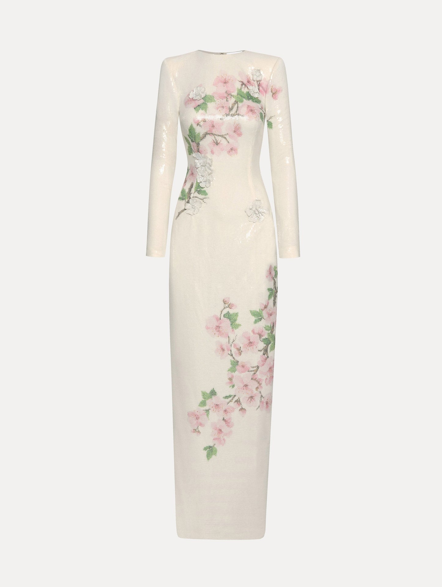 White long sleeve sequin gown with pink cherry blossoms. Front View