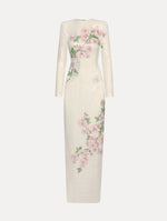 White long sleeve sequin gown with pink cherry blossoms. Front View