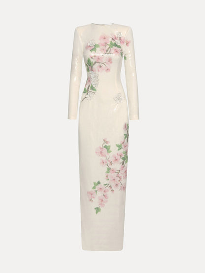 White long sleeve sequin gown with pink cherry blossoms. Front View