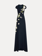 Short sleeve navy gown with white cherry blossoms embroidered. Front view