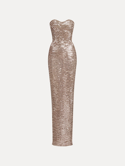Strapless sequin wave embellished gown. Front view