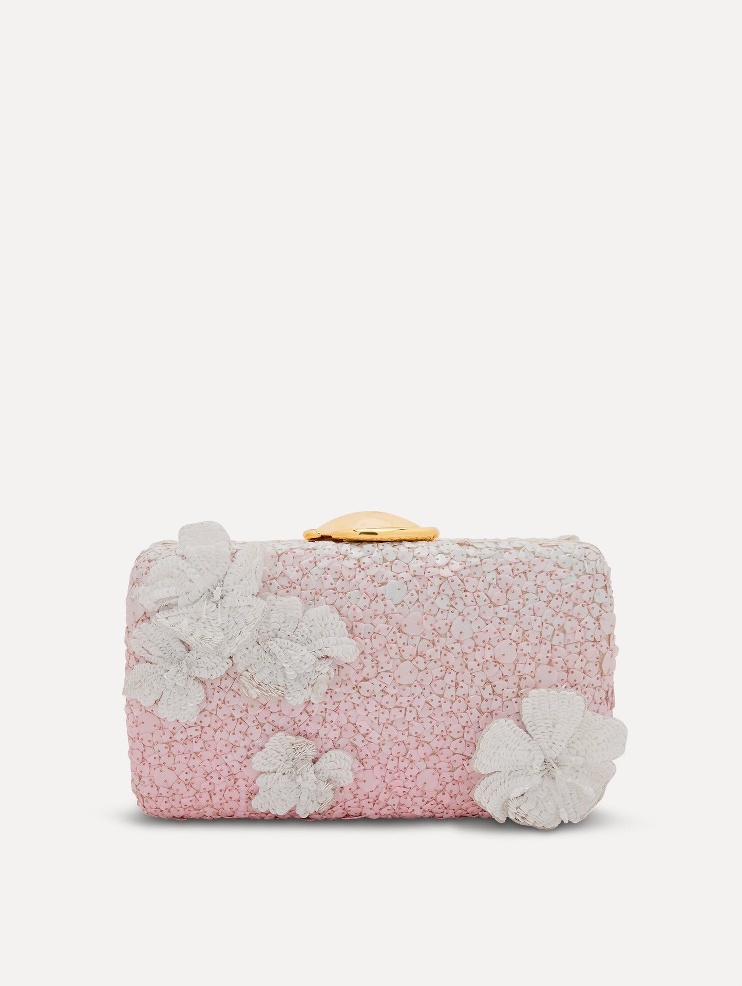 A clutch embellished with pink stones and three-dimensional white flowers attached. Front view.