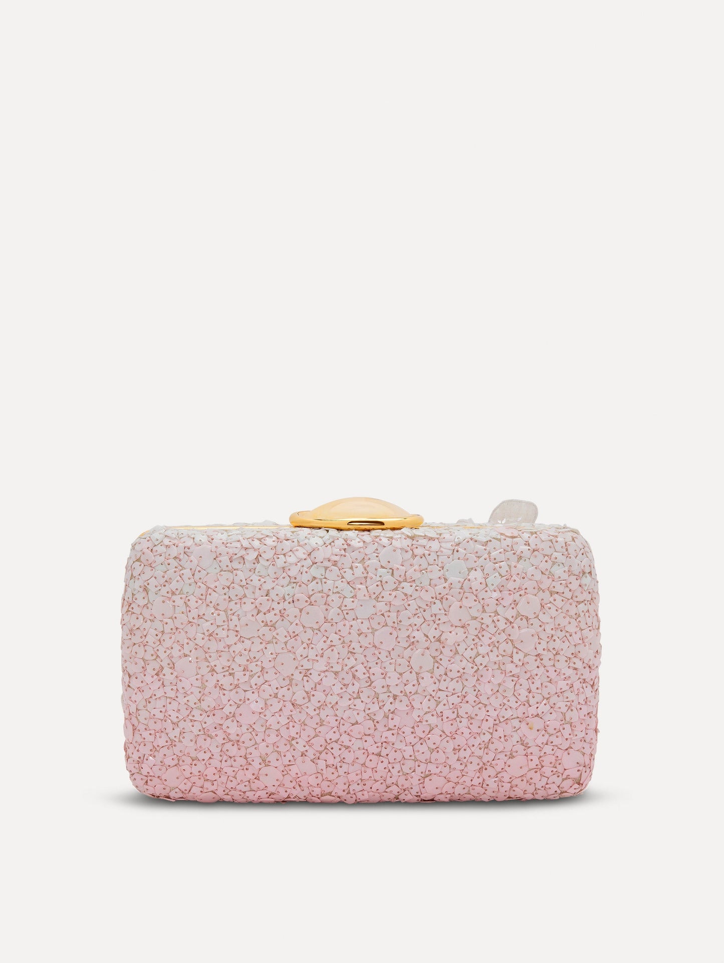 A clutch embellished with pink stones and three-dimensional white flowers attached. Back view.