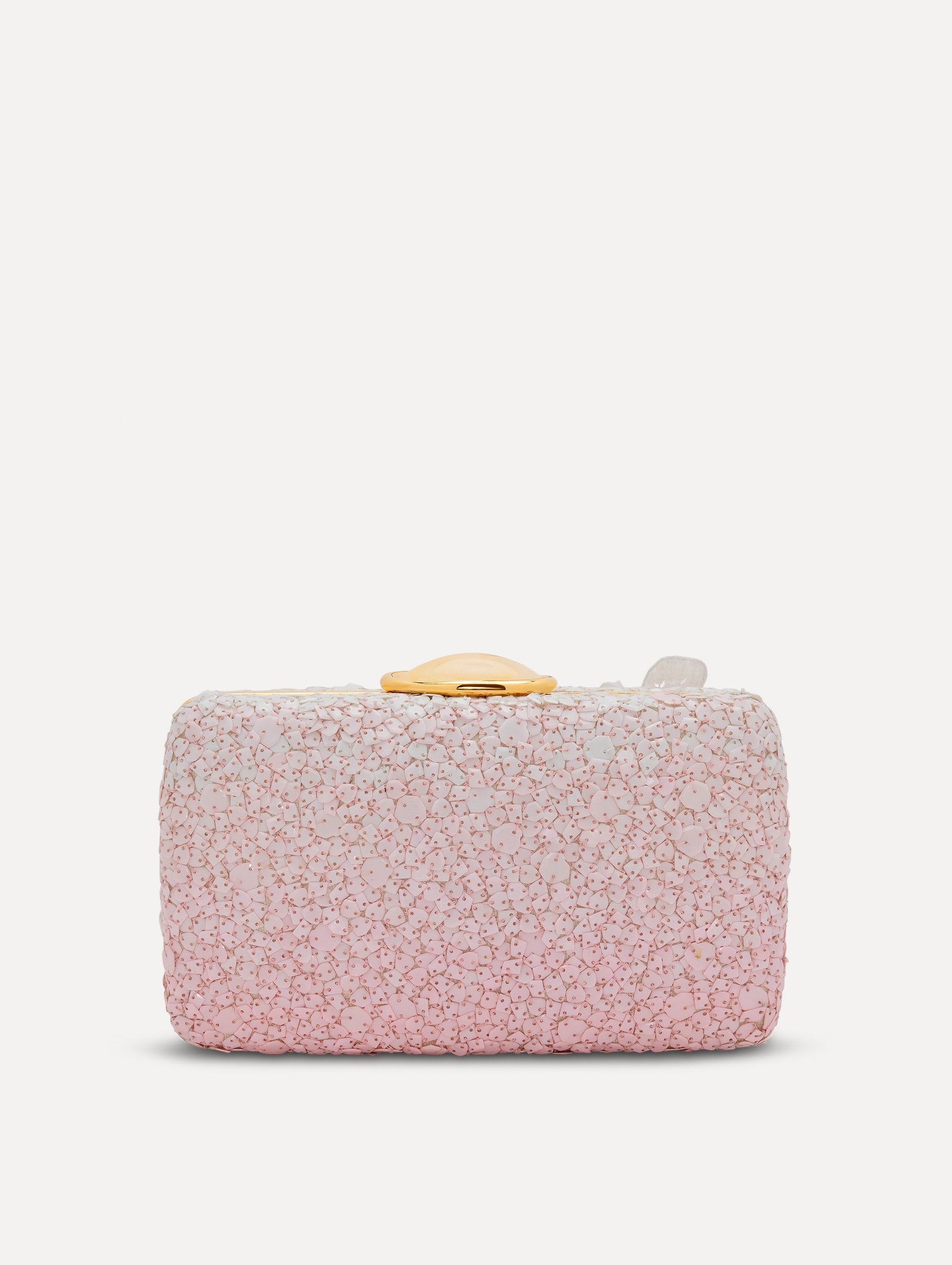 A clutch embellished with pink stones and three-dimensional white flowers attached. Back view.
