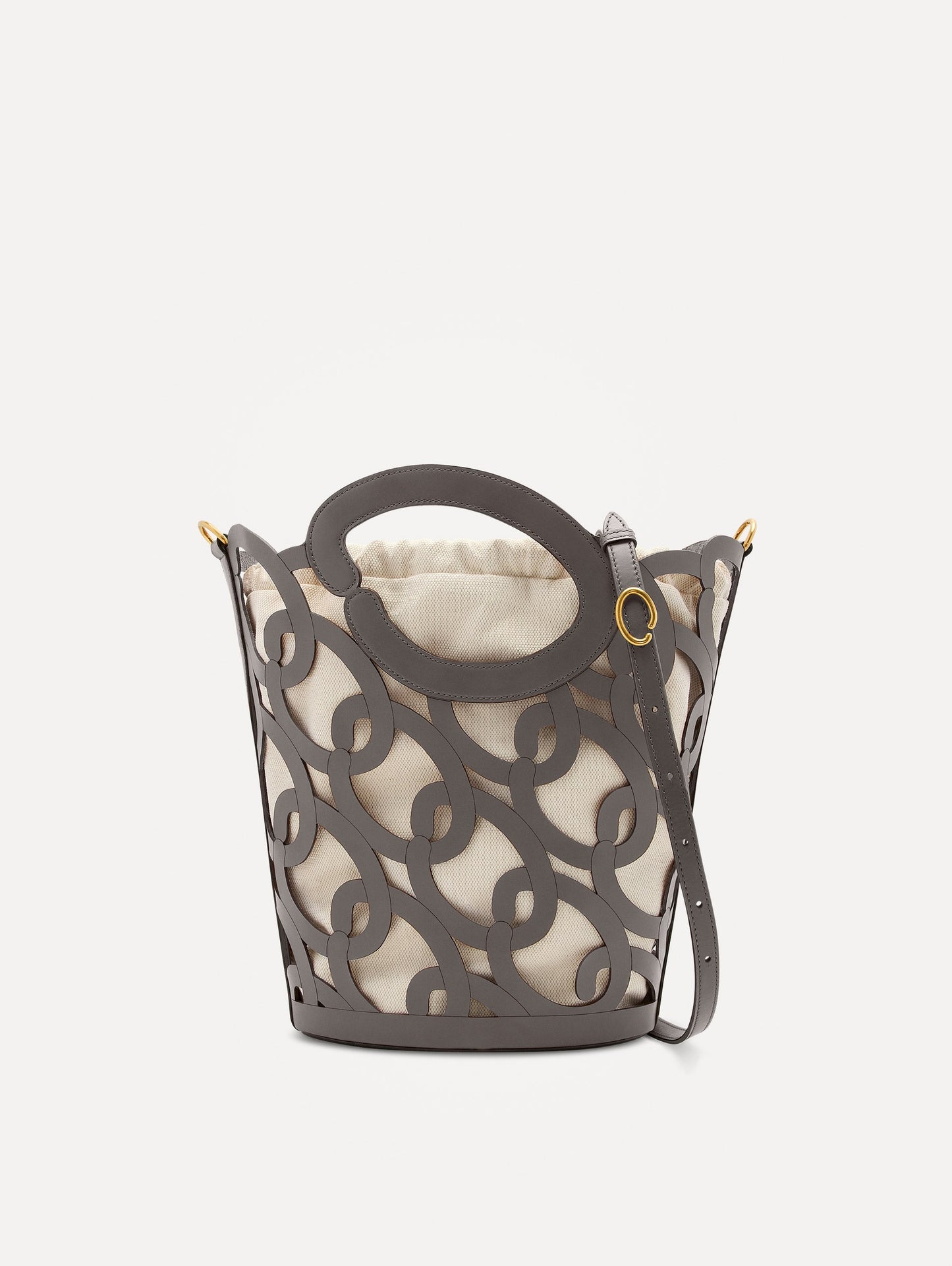 Oscar chain link bucket tote in grey with a large o forming the top handle and detachable shoulder strap. Front View.