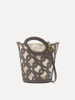 Oscar chain link bucket tote in grey with a large o forming the top handle and detachable shoulder strap. Front View.