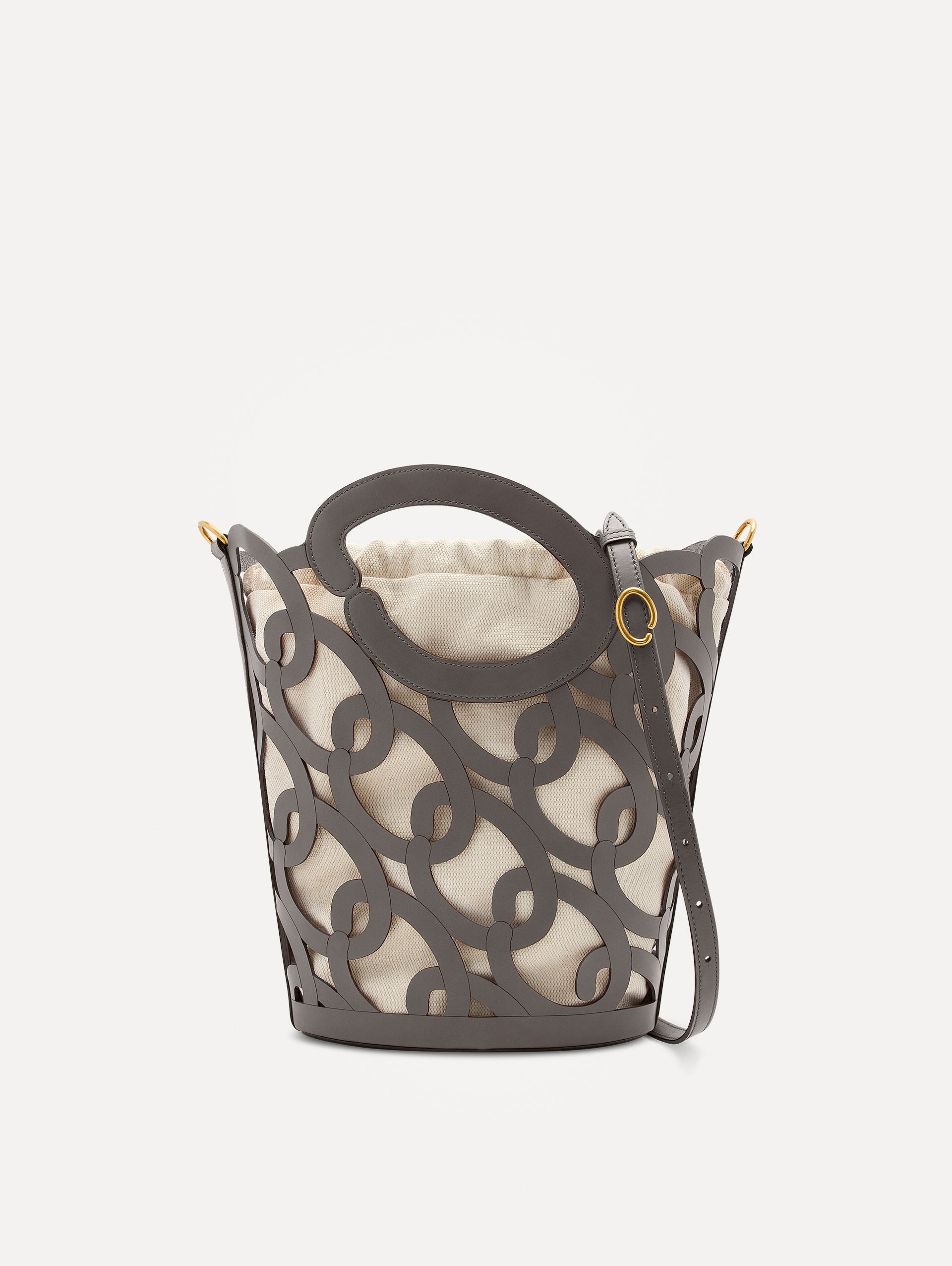 Oscar chain link bucket tote in grey with a large o forming the top handle and detachable shoulder strap. Front View.