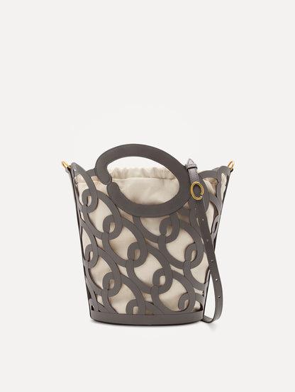 Oscar chain link bucket tote in grey with a large o forming the top handle and detachable shoulder strap. Front View.