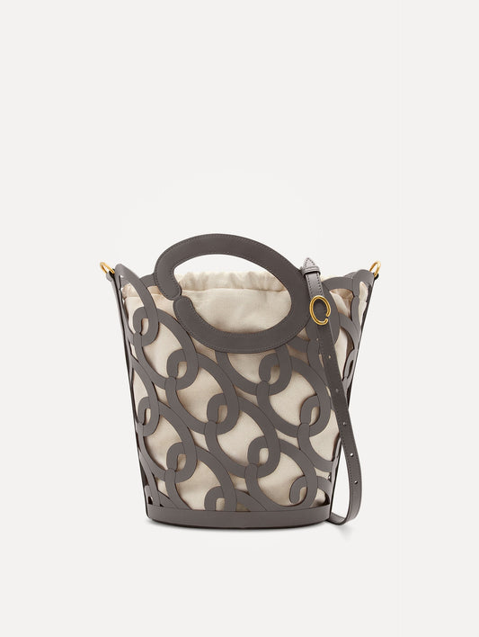 Oscar chain link bucket tote in grey with a large o forming the top handle and detachable shoulder strap. Front View.